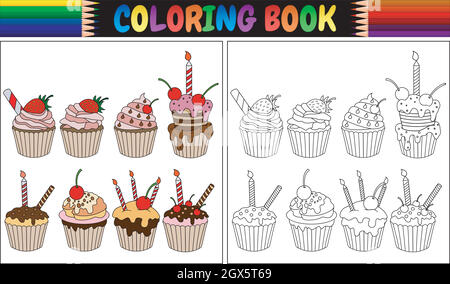 Cupcake da colorare con candele e frutta Illustrazione Vettoriale