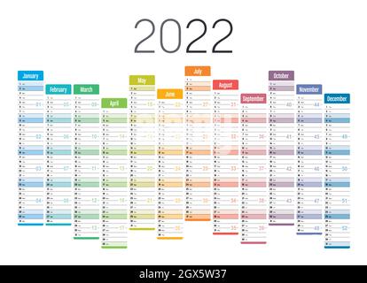 Anno 2022 calendario da parete di una pagina, multicolore su sfondo bianco. Modello vettoriale. Illustrazione Vettoriale