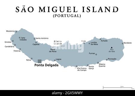 Isola di Sao Miguel, Azzorre, Portogallo, mappa politica grigia con la capitale Ponta Delgada. Soprannominata l'isola verde, la più grande isola più popolosa delle Azzorre. Foto Stock