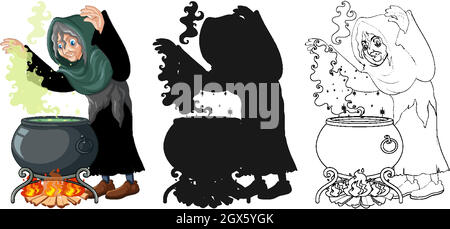 Strega con magic pot nero a colori e contorno e personaggio cartoon silhouette isolato su sfondo bianco Illustrazione Vettoriale