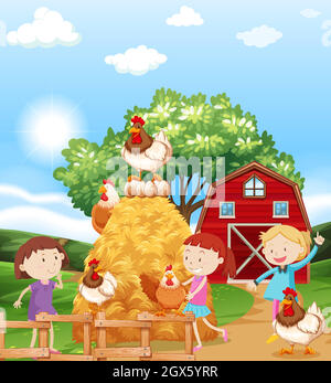 Ragazze e polli nella fattoria Illustrazione Vettoriale
