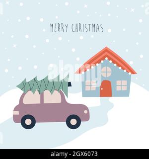 Inverno neve paesaggio di Natale. Casa di campagna e auto con albero di natale sul tetto. Illustrazione vettoriale. Illustrazione Vettoriale