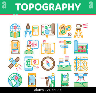 Icone Della Raccolta Di Ricerca Topografica Imposta Vettore Illustrazione Vettoriale