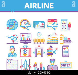 Vettore Set Di Icone Della Raccolta Di Compagnie Aeree E Airport Illustrazione Vettoriale