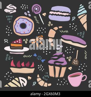 Set di design per dolci creativi disegnati a mano. Illustrazione vettoriale stile Doodle per grafica e web design Illustrazione Vettoriale
