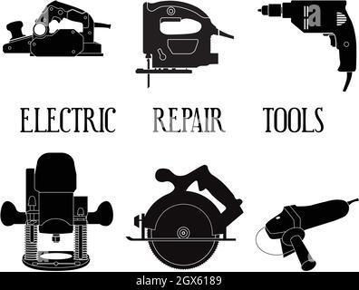 Strumenti di riparazione elettrici set silhouette illustrazione vettoriale isolato Illustrazione Vettoriale