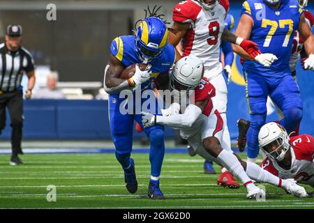 Los Angeles Rams running back Jake Funk (34) fixes his helmet before an NFL  football game against the Chicago Bears Sunday, Sept. 12, 2021, in  Inglewood, Calif. (AP Photo/Kyusung Gong Stock Photo - Alamy