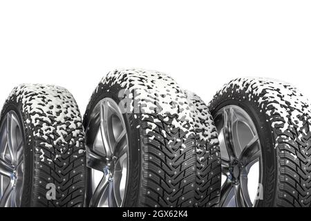 pneumatici invernali con neve su sfondo bianco. rendering 3d. Foto Stock