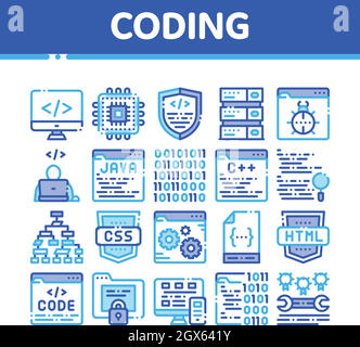 Il sistema di codifica del vettore di linea sottile set di icone Illustrazione Vettoriale