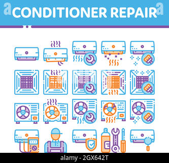 Condizionatore di vettore di riparazione linea sottile set di icone Illustrazione Vettoriale