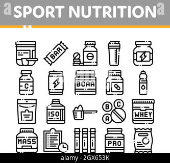 Sport Nutrition vettore di cellule di una linea sottile set di icone Illustrazione Vettoriale