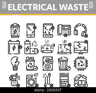 Strumenti di raccolta rifiuti elettrici icone Set Vector Illustrazione Vettoriale