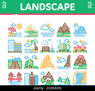 Landscape Travel Place Collection Icons Set Vector Illustrazione Vettoriale