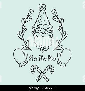 Montaggio di Natale disegnato a mano. Elementi di vacanza, Santa, mittens, caramelle, corona. Bianco e nero. Illustrazione Vettoriale