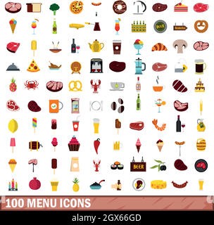 100 le icone di menu Imposta, stile piatto Illustrazione Vettoriale