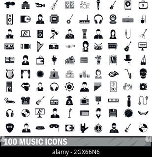 100 icone musica, stile semplice Illustrazione Vettoriale