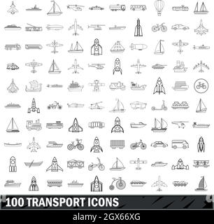 100 trasporto set di icone di stile di contorno Illustrazione Vettoriale