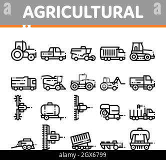 Veicoli agricoli vettore di linea sottile set di icone Illustrazione Vettoriale