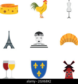 Viaggio in Francia icone set, stile piatto Illustrazione Vettoriale