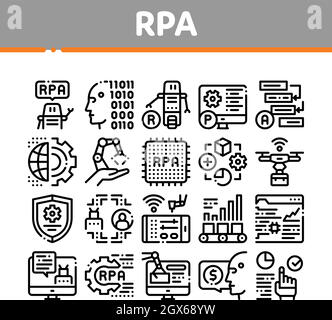 RPA Robotic Process Automation Icons Set Vector. (Imposta vettore icone automazione processi robot RPA Illustrazione Vettoriale