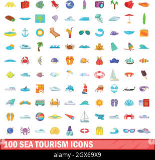 100 mare turismo set di icone, stile cartoon Illustrazione Vettoriale