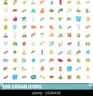 100 urbano set di icone, stile cartoon Illustrazione Vettoriale