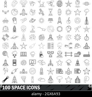 100 Spazio set di icone di stile di contorno Illustrazione Vettoriale