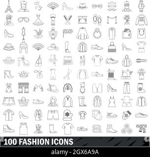 100 icone della moda, stile contorno Illustrazione Vettoriale