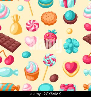 Modello senza cuciture varie caramelle e dolci. Illustrazione stilizzata della pasticceria o della panetteria. Illustrazione Vettoriale