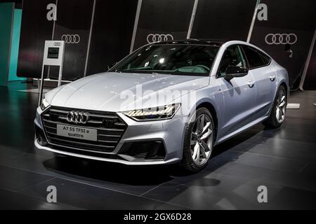 Audi A7 55 TFSI e-quattro auto in mostra all'Autosalon 2020 Motor Show. Bruxelles, Belgio - 9 gennaio 2020. Foto Stock