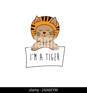 Illustrazione vettoriale di un gatto carino in costume tigre con uno sfondo bianco. Simbolo del nuovo anno. Illustrazione Vettoriale