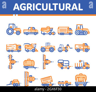 Veicoli agricoli vettore di linea sottile set di icone Illustrazione Vettoriale