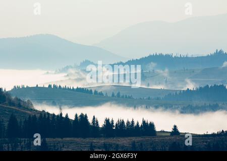 paesaggio di viaggio nebbia in montagna. meraviglioso paesaggio autunnale mattina con foreste sulle colline Foto Stock