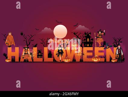 I bambini che camminano su Halloween trick o delizia. Costumi di Halloween con sacchetti di caramelle. Costume da bambino. Disegno vettoriale Illustrazione Vettoriale