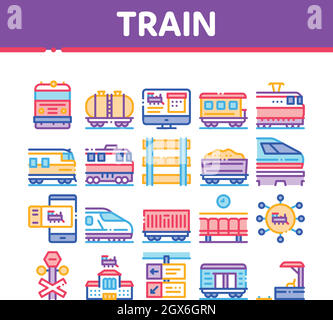 Collezione treno trasporto treno icone Set Vector Illustrazione Vettoriale