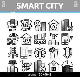 Smart City Technology Collection icone Imposta vettore Illustrazione Vettoriale