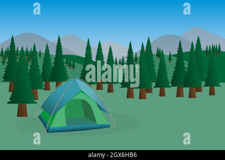 Tenda camping a in foresta verde con pini e montagne - illustrazione vettoriale Illustrazione Vettoriale