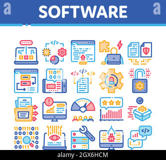 Icone di analisi e test del software Imposta vettore Illustrazione Vettoriale