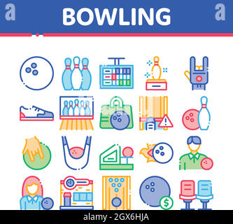 Bowling Gioco Strumenti Raccolta Icone Set Vettore Illustrazione Vettoriale