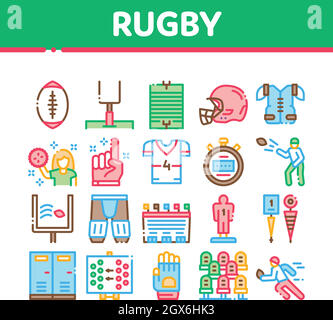 Vettore Set Di Icone Della Collezione Di Strumenti Di Gioco Rugby Sport Illustrazione Vettoriale