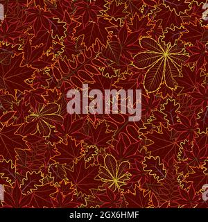 Autunno colorato diverso contorno quercia acero rowan uva castagno foglie senza cuciture motivo su sfondo luminoso. Illustrazione Vettoriale