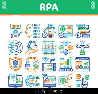 RPA Robotic Process Automation Icons Set Vector. (Imposta vettore icone automazione processi robot RPA Illustrazione Vettoriale