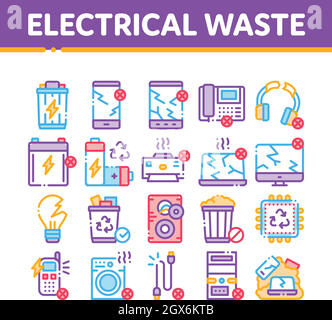 Strumenti di raccolta rifiuti elettrici icone Set Vector Illustrazione Vettoriale