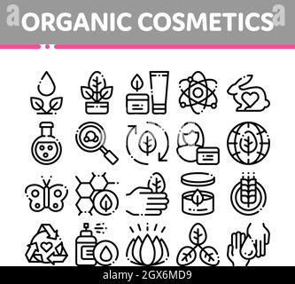 Cosmetici biologici vettore di linea sottile set di icone. Illustrazione Vettoriale