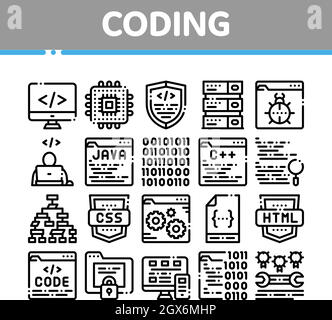 Il sistema di codifica del vettore di linea sottile set di icone Illustrazione Vettoriale