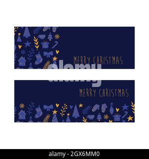 Disegno della scheda di Natale con le icone di Natale su sfondo blu scuro. Un set di due banner. Illustrazione Vettoriale