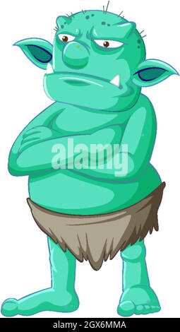 Goblin verde o troll in piedi posa con collera faccia in cartoon personaggio isolato Illustrazione Vettoriale