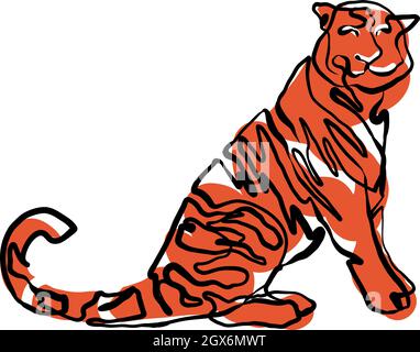 Happy Tiger una linea continua disegno artistico. Illustrazione isolata del colore vettoriale della tigre arancione seduta. Cinese nuovo anno 2022, l'anno del ti Illustrazione Vettoriale