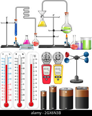 Set di attrezzature scientifiche su sfondo bianco Illustrazione Vettoriale