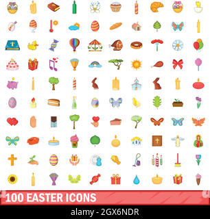 100 pasqua set di icone, stile cartoon Illustrazione Vettoriale